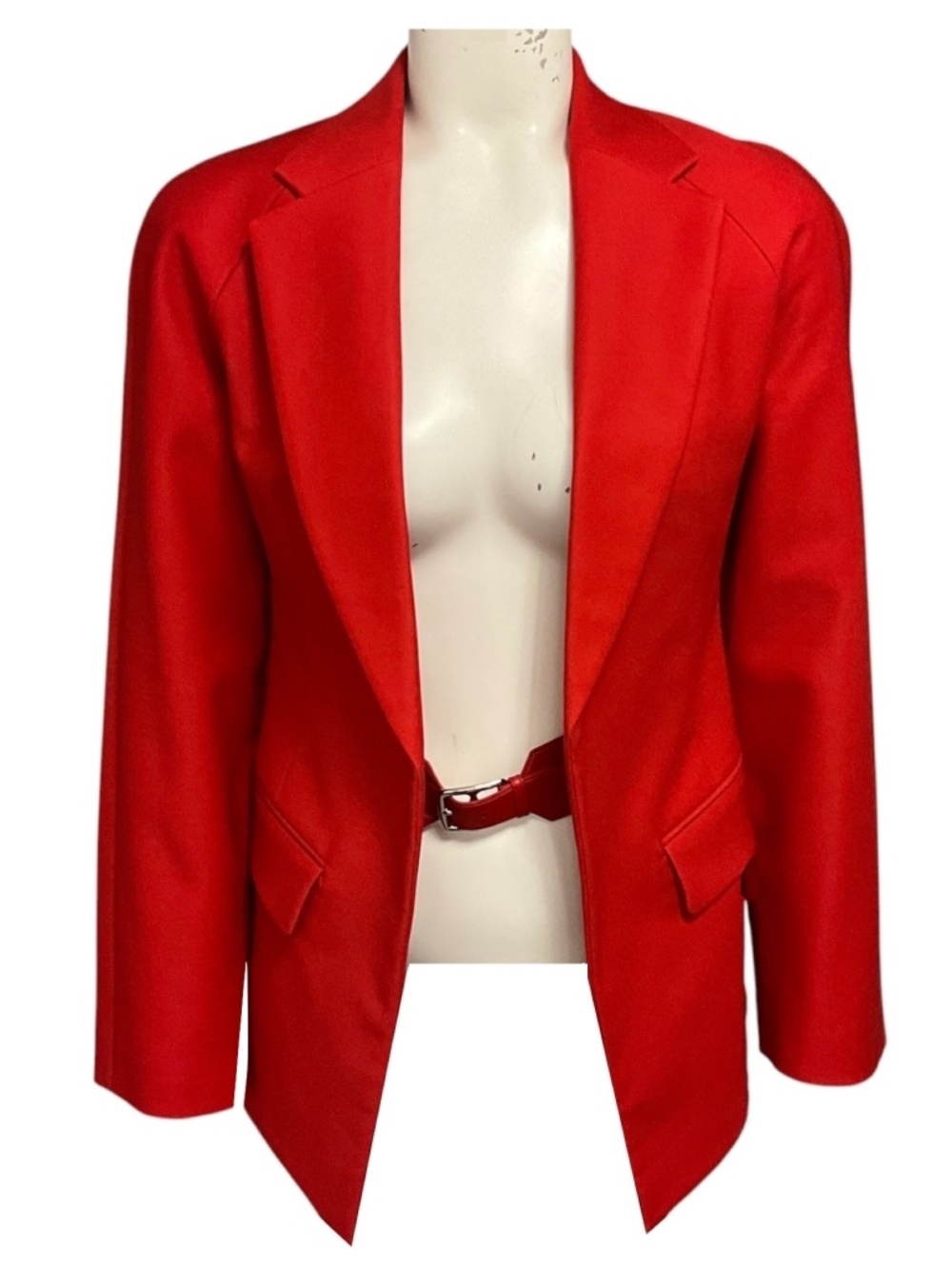 HERMES POPPY RED SILK LINED WOOL JACKET WITH LAMBSKIN LEATHER BELT